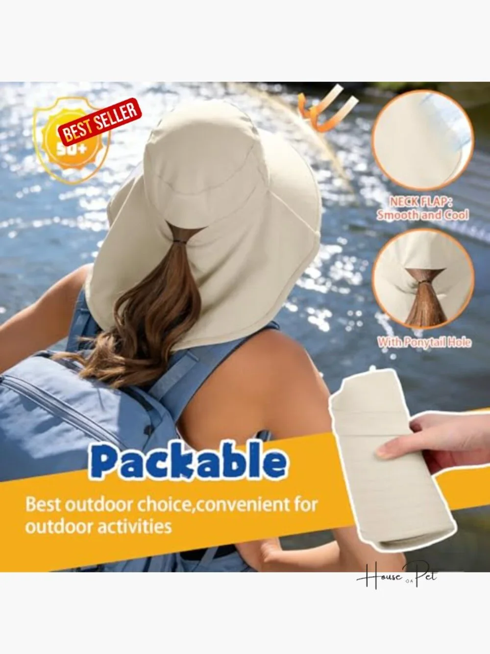 Women Sun Hat with Neck Flap Ponytail Hole UPF 50+ Wide Brim Rollable Hiking - Picture 4 of 7